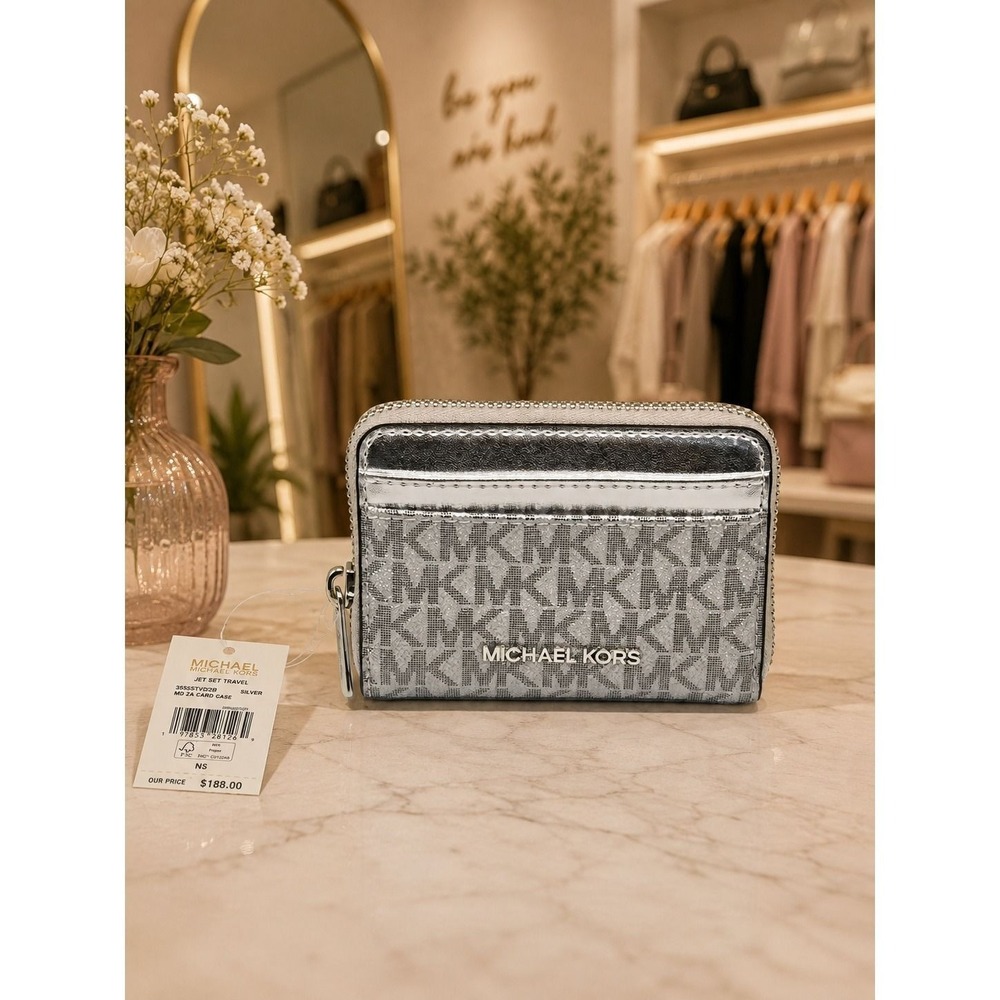 NWT Michael Kors Jet Set Travel Medium Zip Card Case Wallet Silver Metallic MK